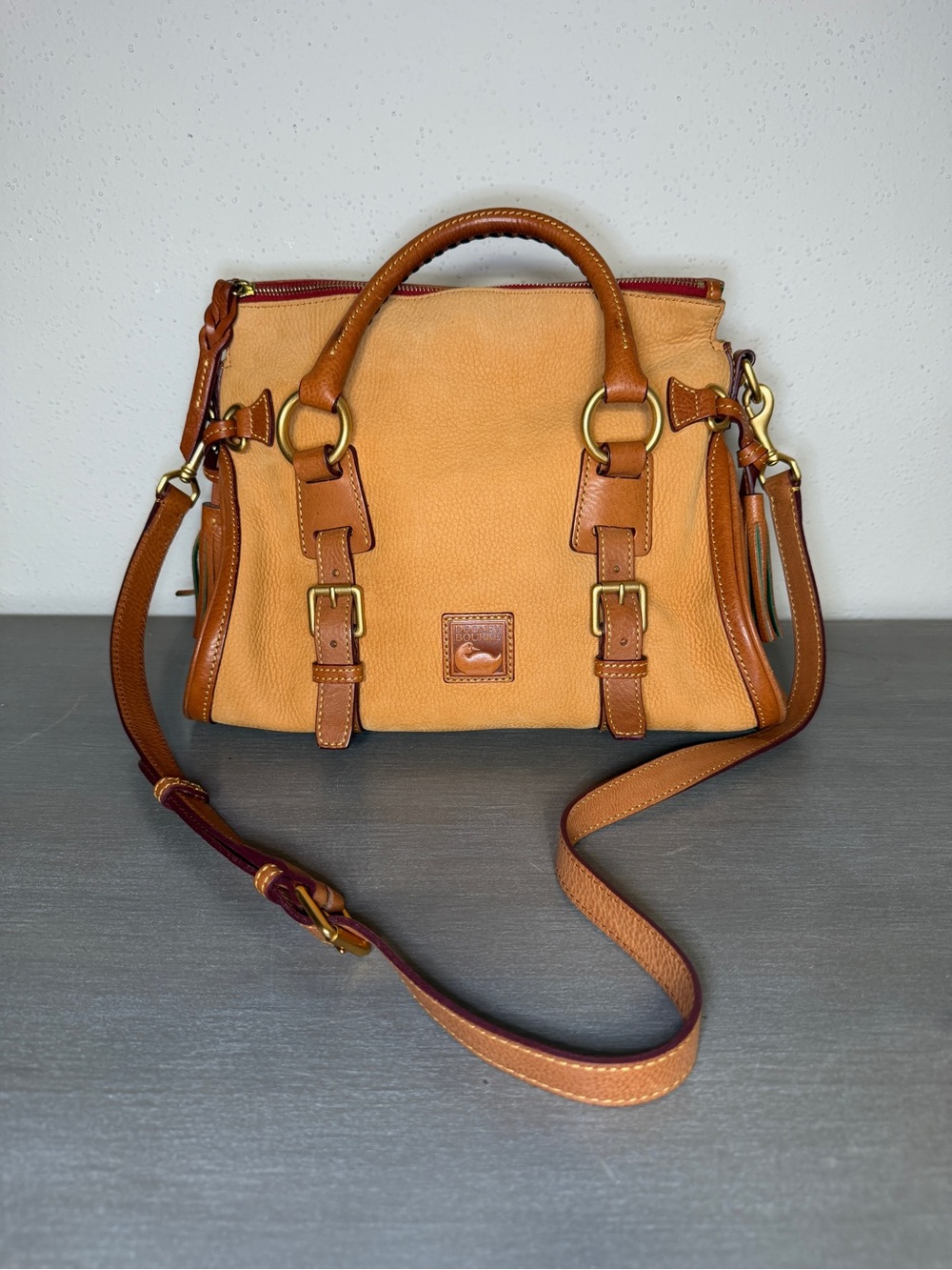 Dooney and Bourke Leather Florentine Satchel  Handbag Crossbody Two Tone Tan N